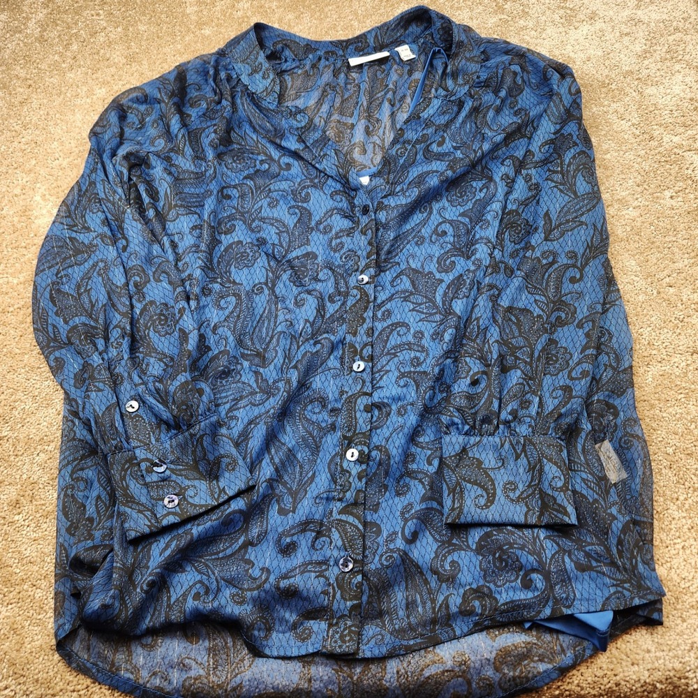 Susan Graver Blue Paisley Metallic Stripe Button Front Blouse Camisole Set XLP
